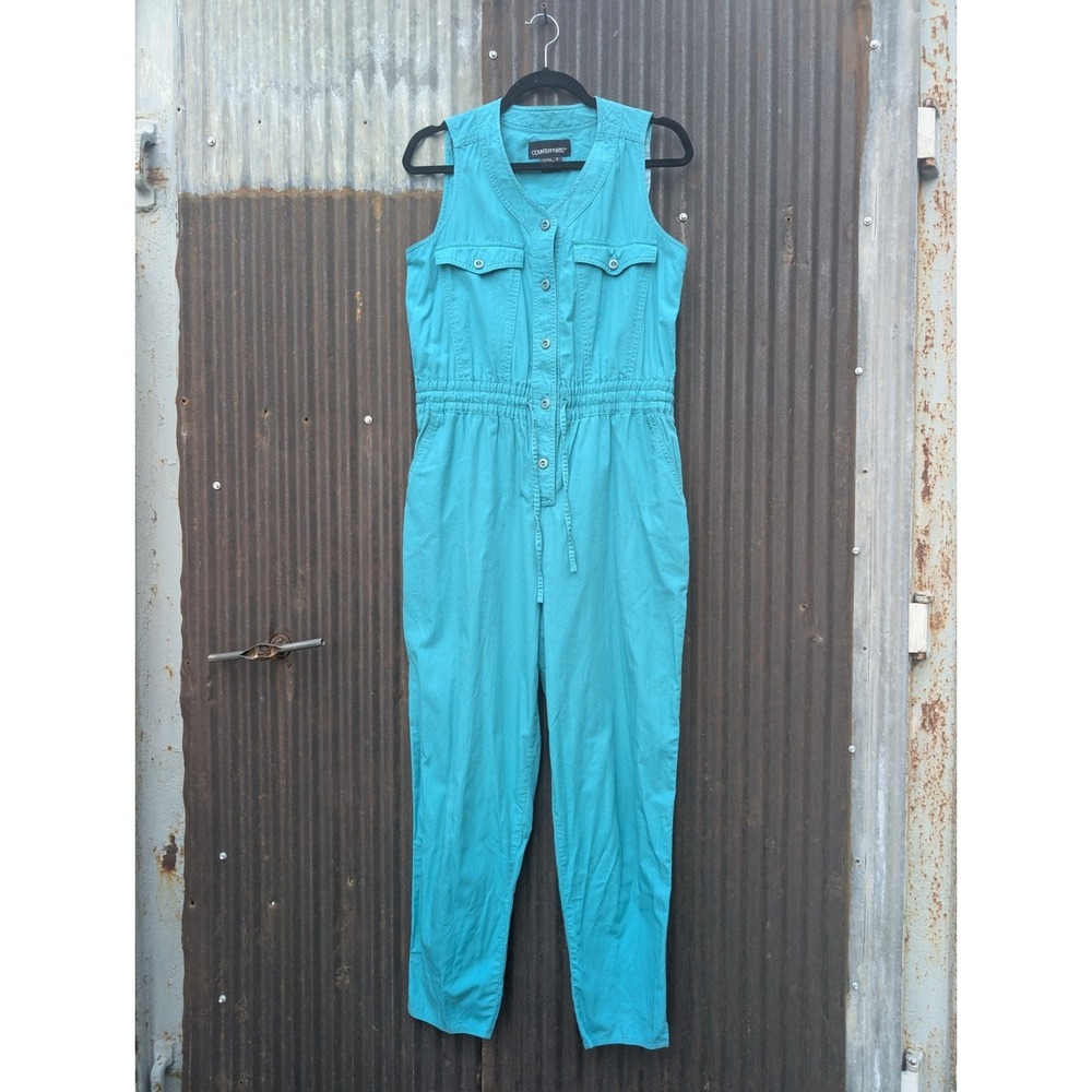 Vintage 90's Teal Jumpsuit Women Size 6 Romper Cotton Mom 80s Retro Sleeveless